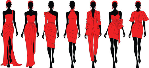 Red fashion silhouettes, elegant outfit styles, formal wear inspiration, female clothing design, couture sketch board, garment illustration, stylish attire reference