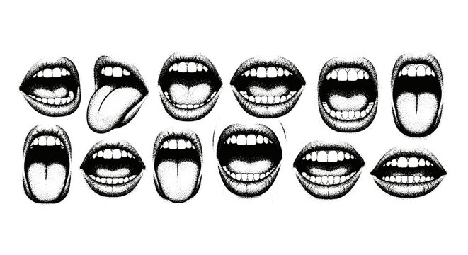 A mesmerizing collection of black and white mouth illustrations, each expressing a unique emotion and capturing the essence of human expression, isolated on