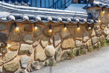 Korean style wall and roof, bukchon hanok villageTraditional Korean style architecture in Seoul South Korea.