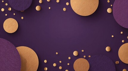 The abstract background is characterized by its use of layered geometric shapes in a profound, royal purple color scheme, paired with delicate, intricate gold details