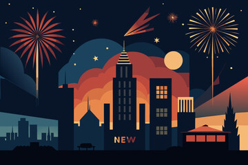 New Year Night Celebration with Fireworks vector illustration