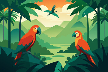 Flock of Parrots in the Jungle vector illustration