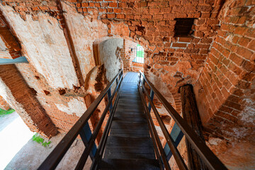 Wooden stairs in Tartu Cathedral aka Dorpat Cathedral, a former catholic church in Tartu (Dorpat), Estonia