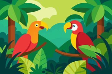 Macaws Sitting in a Tropical Rainforest vector illustration