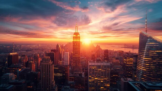Iconic sunset over the empire state building in new york city