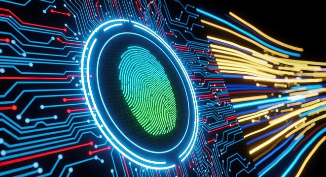 Modern fingerprint scan technology background with vibrant neon circuit board design for cutting edge security solutions and digital identity verification