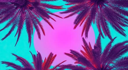 Vibrant palm fronds frame a retro sunburst with a cool Miami Vice vibe, perfect for summer promotions and tropical designs that pop with color and style