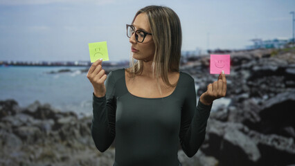 Young hispanic woman holding two sticky notes between fingers on a studio coastal backdrop while...