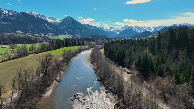 aerial movie of the upper Iller Valley in the Allgaeu Alps next to Oberstdorf in Bavaria, Germany