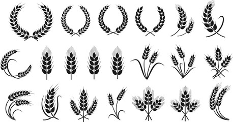 Wheat Ears and Grain Wreath Silhouette Vector Set, Agriculture and Bakery Icon Collection, Black Barley Stalks for Logo Design