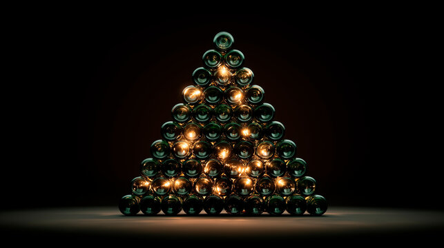 Christmas tree made of empty glass wine bottles, on a dark background