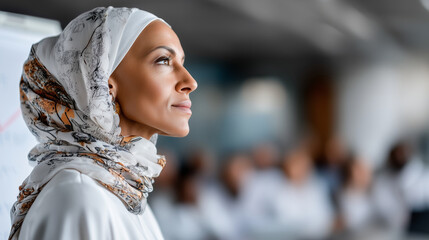 a woman in a saudi workplace making a presentation