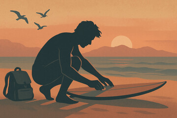 Stylized vector of a surfer waxing a board on the beach at sunset. Includes backpack, birds, and mountains. Ideal for vintage, surf, and lifestyle-themed designs.