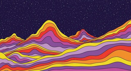 Stunning psychedelic landscape with vibrant colors and starry night sky for retro designs, album art, or creative backgrounds that evoke a groovy vibe