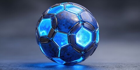Futuristic Blue Glowing Soccer Ball in a Dynamic Scene