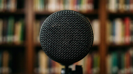 Close-Up of a Microphone with Blurry Library Books in Background