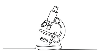 minimalist continuous line drawing of microscope, scientific research and biology concept, modern lab equipment vector illustration