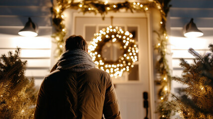 A generic holiday figure entering a warmly decorated home at night, glowing wreath on the door, soft golden lights and evergreen branches creating cozy seasonal atmosphere, with co
