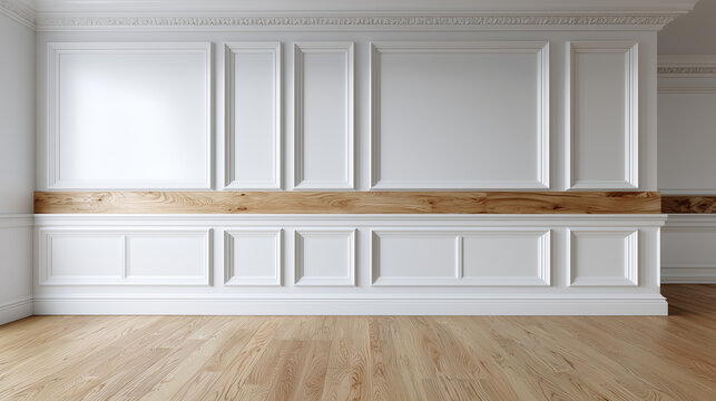 luxury interior wall design with elegant white paneled walls on the upper half and rich natural wood panels on the lower half, detailed molding and trim, clean upscale modern aesth