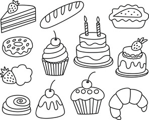 Dessert icons, cake slice, cupcake, donut, pie, bread, pastry, sweet treats, black vector, bakery illustration, white background