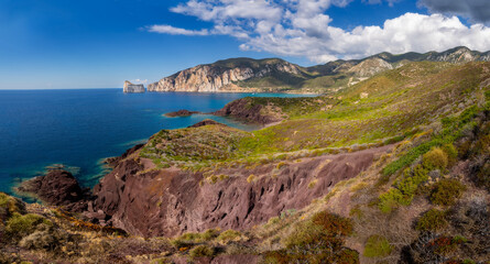 High-resolution panorama of the Saint Barbara Trail, following the miners' footsteps. West coast of Sardinia (Italy). Porto Flavia, Pan di Zucchero