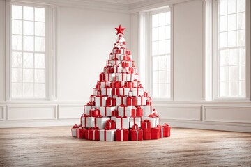 Fototapeta premium Gift boxes stacked to form a Christmas tree with a star at the top are situated in a bright room