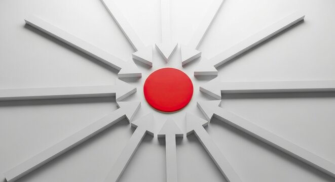 Dynamic convergence concept with white arrows focusing on vibrant red center, symbolising unity, focus, and strategic alignment in business strategies