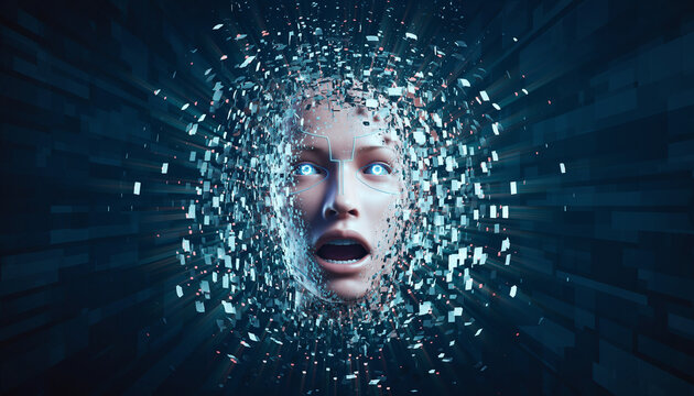 Deconstructing Reality: A surreal, hyperrealistic depiction of a woman's face disintegrating into shards, representing transformation, vulnerability, and the fragility of the human form.