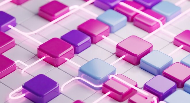 Dynamic network of vibrant blocks connected by neon lights for modern technology solutions and innovative designs, offering a visually stunning futuristic concept - Powered by Adobe