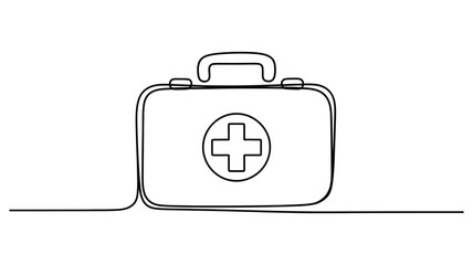 minimalist continuous line drawing of medical first aid kit with cross symbol, healthcare emergency concept, isolated vector illustration