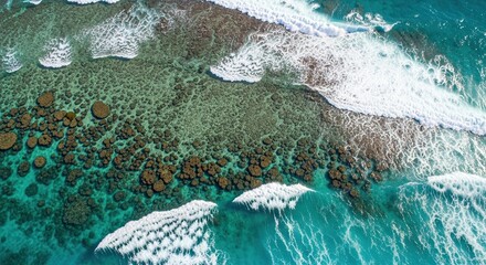 Breathtaking aerial view of ocean waves meeting the shore, perfect for travel blogs and coastal themed projects offering stunning turquoise waters