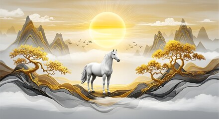 White horse in dreamy landscape with golden trees and mountains
