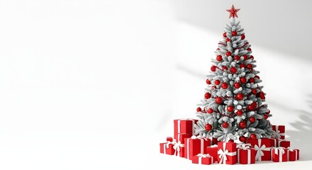 Elegant christmas tree with red ornaments and gifts on a white background