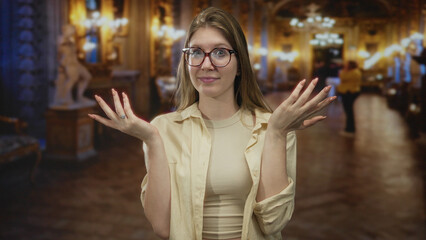 Woman with glasses shows palms up gesture in an ornate museum hall with sculptures and chandeliers;...
