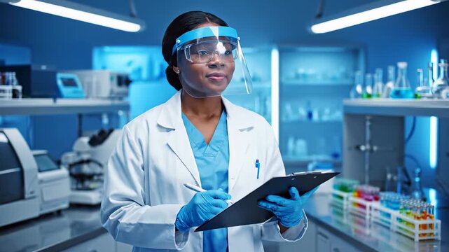 In a contemporary laboratory, a serious black female scientist in a lab coat and protective face shield diligently records research findings and scans the room