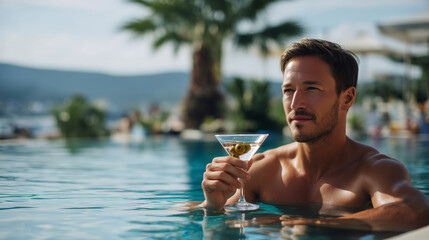 a realistic photo Close-up of a strong man sitting in a swimming pool with a martini glass in his hands Palm trees, mountains and the sea in the background