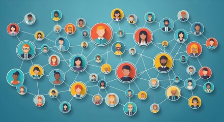 Engage your audience with a dynamic social network connecting diverse user avatars, perfect for illustrating community, teamwork, and digital communication