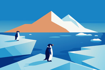 Cute Penguins Standing on Ice vector illustration