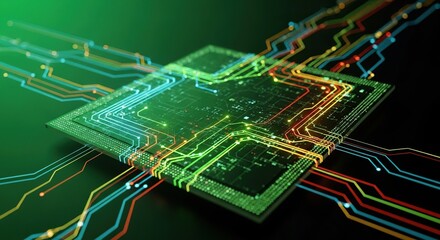 Modern microchip design showcasing vibrant circuit pathways for innovative technology solutions in data processing and advanced computing systems now!
