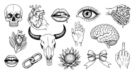 A captivating collection of handdrawn tattoo elements, featuring skulls, hearts, eyes, and various symbols, all meticulously crafted in a striking black and white style isolated on