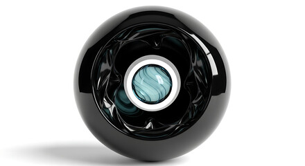 3D render of a sleek, glossy black sphere with a mysterious swirling blue core at its center. Concept for technological identity, data security, or an isolated inner self.