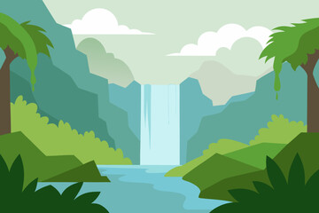 Tropical Rainforest Waterfall with Mist vector illustration