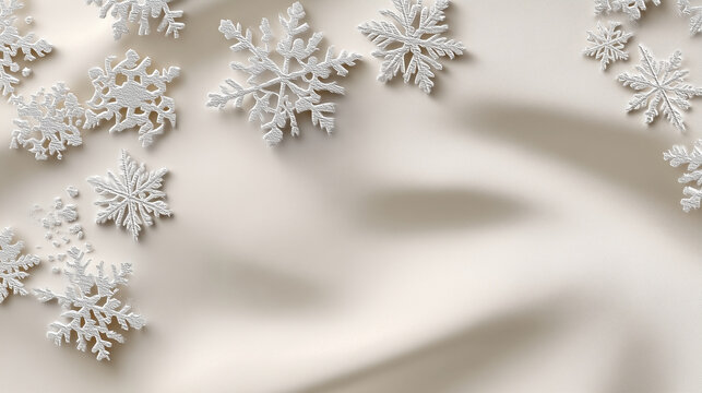 Isometric vector design, seamless elegant pattern, silver embossed snowflakes on matte ivory texture, soft lighting and depth, luxurious minimalist holiday aesthetic