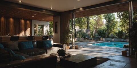 Obraz premium Modern Home Interior with Stunning Pool View - Contemporary Lifestyle Scene