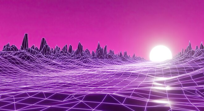 Retro futuristic landscape with glowing sun and vibrant grid, perfect for 80s themed designs or modern technology concepts and neon wave aesthetics
