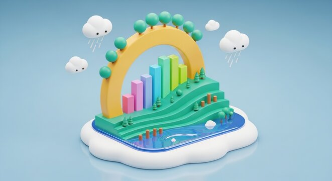 Whimsical 3D island with colorful growth charts, cute clouds, and playful nature, perfect for illustrating positive progress and sustainable growth strategies - Powered by Adobe