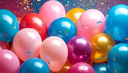 Colorful balloons floating with confetti against dark blue background, glowing softly in festive atmosphere.