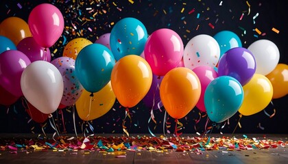 Colorful balloons floating with confetti against dark blue background, glowing softly in festive atmosphere.