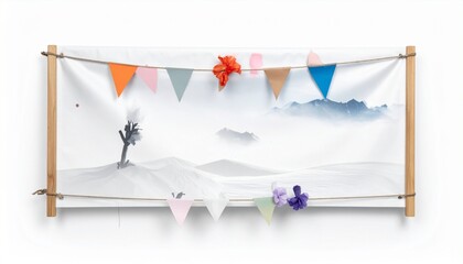 Four red-pink vertical pennant banners forming a stylized mountain landscape with trees in gradient tones.