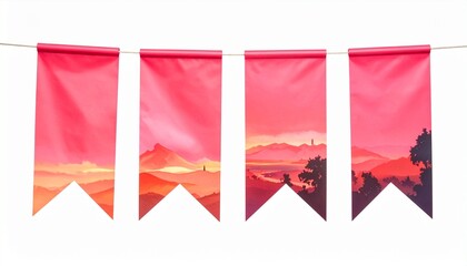 Four red-pink vertical pennant banners forming a stylized mountain landscape with trees in gradient tones.